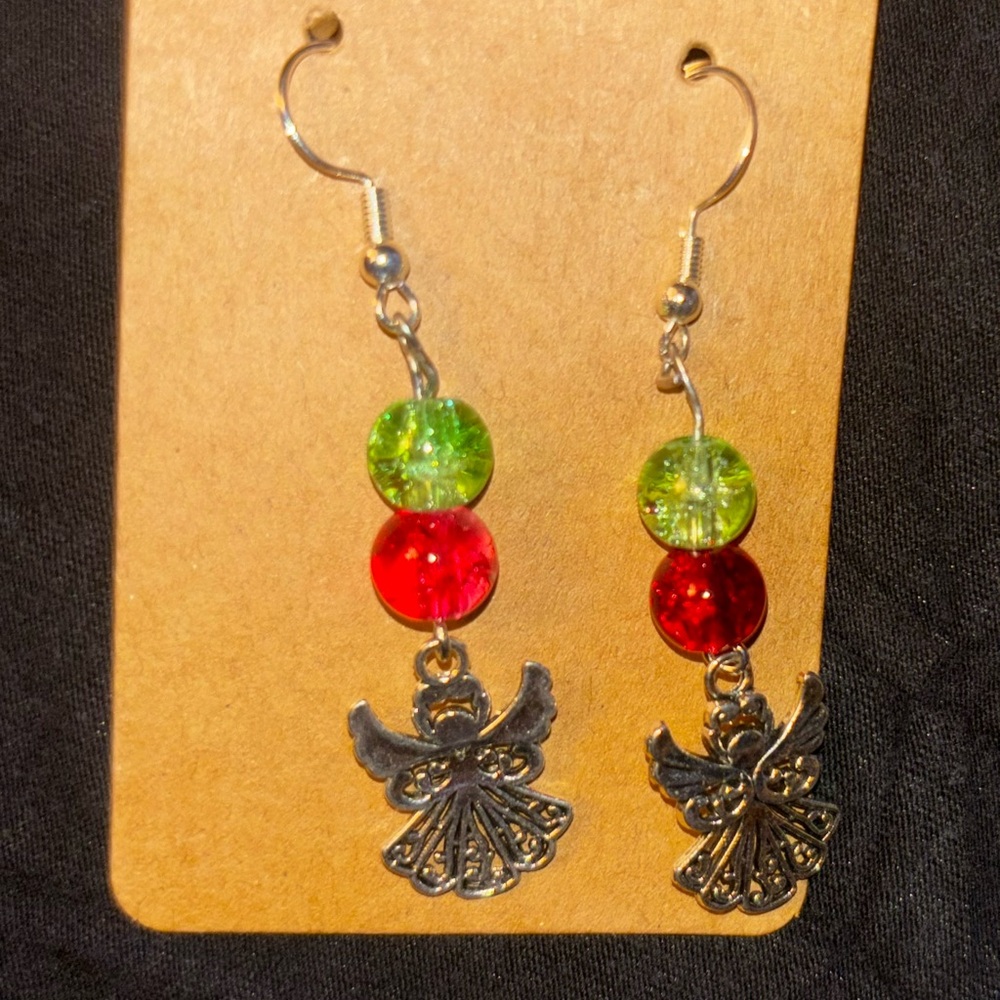Elegant Silver and Red Beaded Earrings with an angel charm